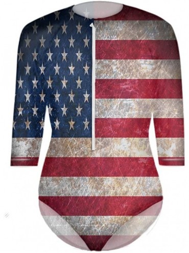 One-Pieces American Flag One Piece Swimsuit Long Sleeve UV Protection Bathing Suit Surfing Rashguard Swimwear for Women - CV1...