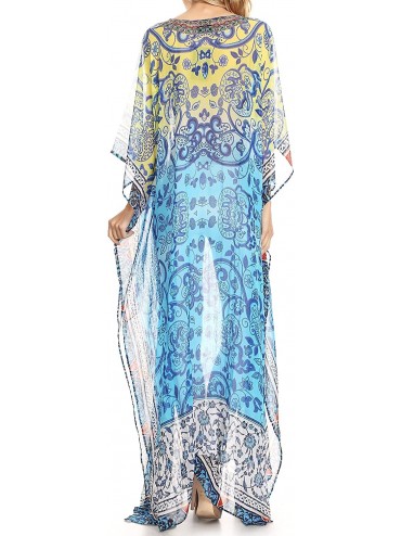 Cover-Ups Wilder Printed Design Long Sheer Rhinestone Caftan Dress/Cover Up - Turquoise / Yellow - C512NZ9JSD7 $50.62