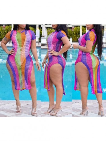 Cover-Ups Swimsuit Cover Ups for Women Fishnet See Through Mesh Crochet Beach Summer Dress Cover Up Bikinis Swimwear Rose Red...