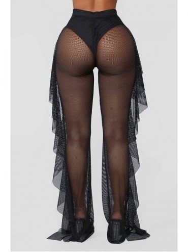 Cover-Ups Women's Perspective Sheer Mesh Ruffle Pants Swimsuit Bikini Bottom Cover up Pants - Black - C718OTUATO8 $11.99