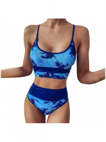 Sets Women's High Waisted Bikini Set Two Piece Tummy Control Swimsuit Blue Swim Suites - Blue - CS190ZUM5K5 $34.00