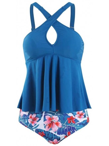 Sets Women Fashion Tankini Bikini Summer Beach Two Pieces Swimsuit Cover Up - Blue Cross Top Floral Bottom - CU193YZD372 $39.33