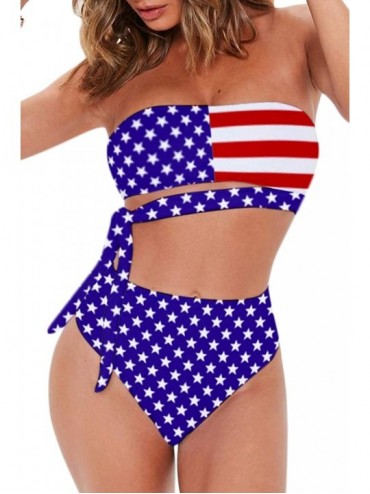 Sets Women's Sexy Bandeau Tie Waist High Waisted Two Pieces Bikini Set Swimsuit - Us Flag - CQ19C6SLEA8 $43.97