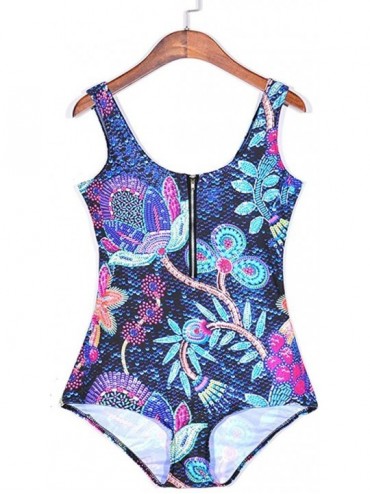 One-Pieces Women's Zipper Printed One Piece Backless Jumpsuit Monokini Swimwear - Floral - CS18D45CYGD $17.58