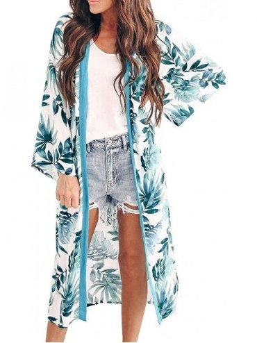 Cover-Ups Kimono Cardigans for Women Summer Beach Floral Chiffon Long Bikini Cover-up Tops - Green 03 - CG18WLDSIOK $31.00