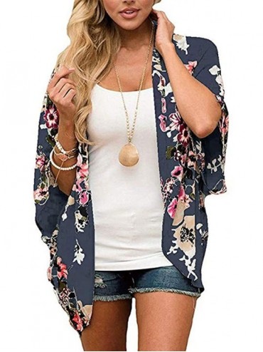 Cover-Ups Womens Kimono Beach Cover Up Chiffon Cardigan Floral Tops Loose Capes - Deep Blue - CZ18QMX3S3S $24.33
