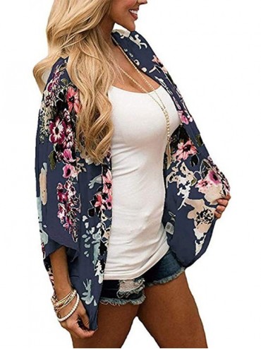 Cover-Ups Womens Kimono Beach Cover Up Chiffon Cardigan Floral Tops Loose Capes - Deep Blue - CZ18QMX3S3S $13.81