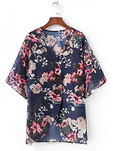 Cover-Ups Womens Kimono Beach Cover Up Chiffon Cardigan Floral Tops Loose Capes - Deep Blue - CZ18QMX3S3S $13.81
