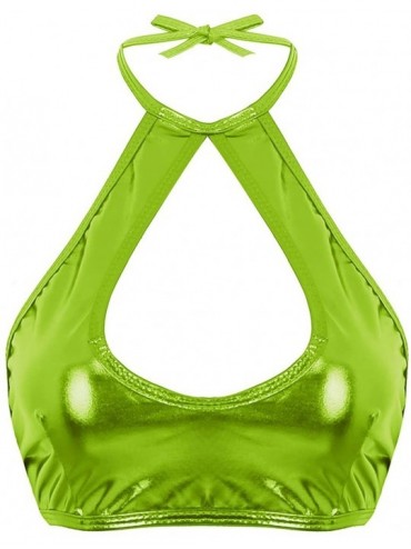 Tankinis Women's Shiny Metallic Leather Crop Tops Halter Bikini Tank Crop Top - Fluorescent Green - CS18L77ZGSG $18.67