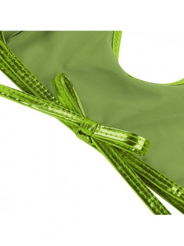 Tankinis Women's Shiny Metallic Leather Crop Tops Halter Bikini Tank Crop Top - Fluorescent Green - CS18L77ZGSG $18.67