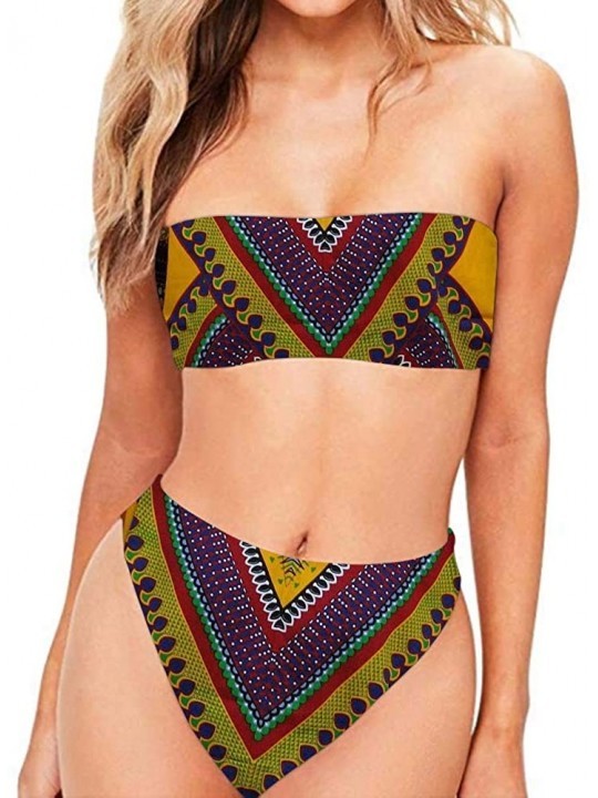 Sets Hawaii Women's 2 Pieces High Cut Bandeau Bikini Strapless High Waist Swimsuits - Galaxy - CQ18RCZOIKC $26.57
