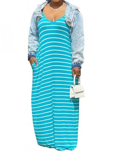 Cover-Ups Women's Casual Sexy Plus Size Summer Striped Long Maxi Dresses Floor Length Spaghetti Strap Beach Sundresses Blue -...