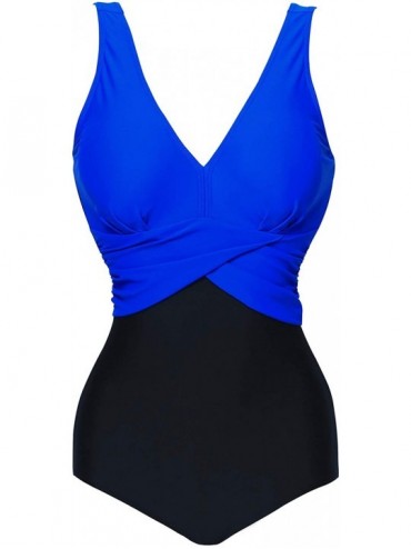 One-Pieces One Piece Deep V Neck Cross Wrap Front Shirred Ruched Colorblock Padded Swimsuit Monokini - Royal Blue - C818NR2TZ...