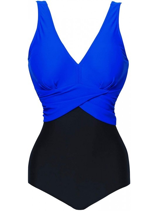 One-Pieces One Piece Deep V Neck Cross Wrap Front Shirred Ruched Colorblock Padded Swimsuit Monokini - Royal Blue - C818NR2TZ...