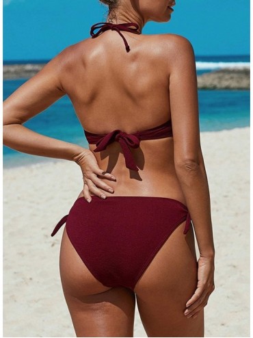 Sets Women Striped Push Up Bikini Halter Two Piece Swimsuit - Solid Red - CJ194MQCTWR $31.59