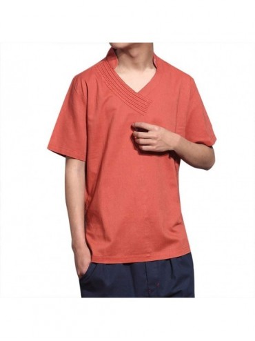 Rash Guards Mens Summer Casual Vintage Pure Color Cotton Linen Short Sleeve T-Shirts Tops - Red - CE18YOU2AQ2 $38.52