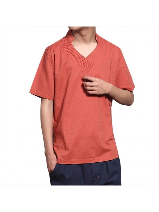 Rash Guards Mens Summer Casual Vintage Pure Color Cotton Linen Short Sleeve T-Shirts Tops - Red - CE18YOU2AQ2 $17.31