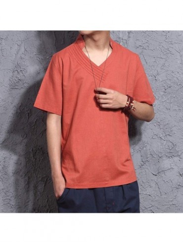 Rash Guards Mens Summer Casual Vintage Pure Color Cotton Linen Short Sleeve T-Shirts Tops - Red - CE18YOU2AQ2 $17.31