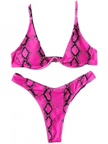 Sets Women's Underwire Snake Print Bathing Suit High Cut Thong Bikini 2 Pieces Swimsuits - Rosered - CK18SWEZIK9 $32.35