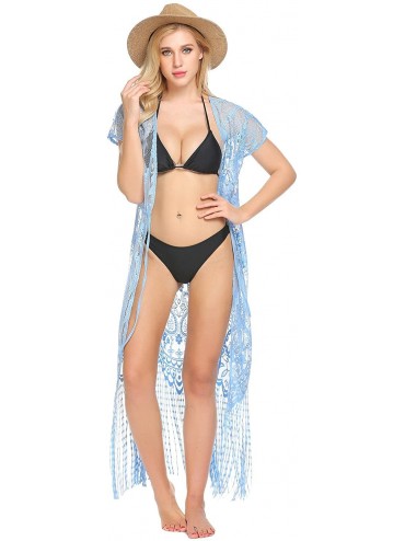 Cover-Ups Womens Swimsuit Bikini Cover up Sheer Sexy Beach Wear Swimwear Lace Long Summer Top - Blue - CK189ZS6934 $25.59