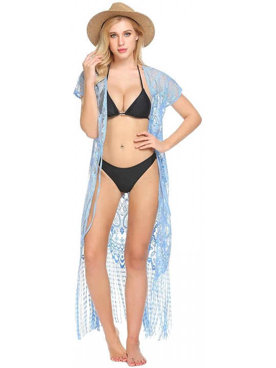 Cover-Ups Womens Swimsuit Bikini Cover up Sheer Sexy Beach Wear Swimwear Lace Long Summer Top - Blue - CK189ZS6934 $25.59
