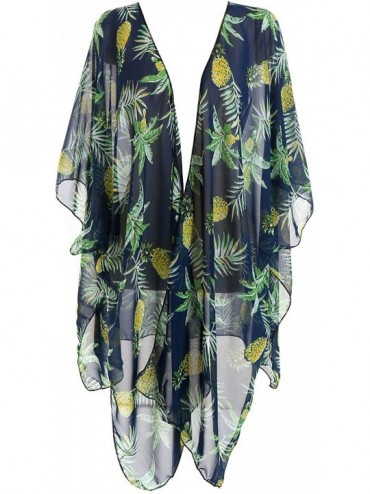 Cover-Ups Women Swimsuit Bathing Suit Beach Cover up Chiffon Floral Kimono Cardigan - A (02) - Navy Blue With Pineapple - C11...