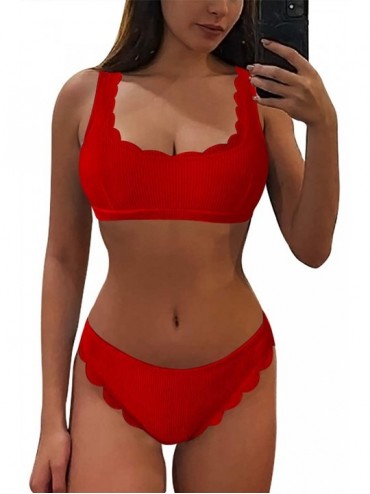 Sets Women's Scalloped Trim 2 Piece Bikini Sets High Cut Ribbed Swimsuits - Red - CW199XWL9IS $17.29