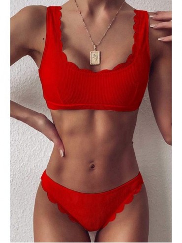 Sets Women's Scalloped Trim 2 Piece Bikini Sets High Cut Ribbed Swimsuits - Red - CW199XWL9IS $17.29