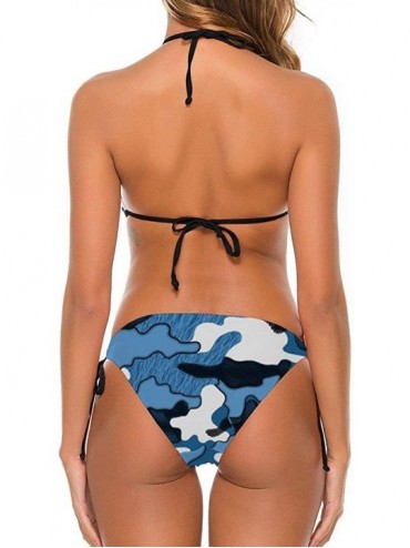Sets Blue Camouflage Texture Women's Tie Side Bottom Padded Top Triangle Bikini 2 Piece Bathing Suit Blue Camo Camouflage - C...