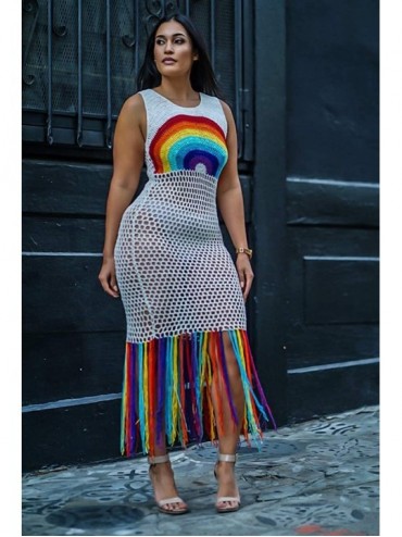 Cover-Ups Women's Sexy Rainbow Fishnet Dress - Hollow Out Knitted See Through Mesh Swimwear Dress High Slit Crochet Bikini Co...