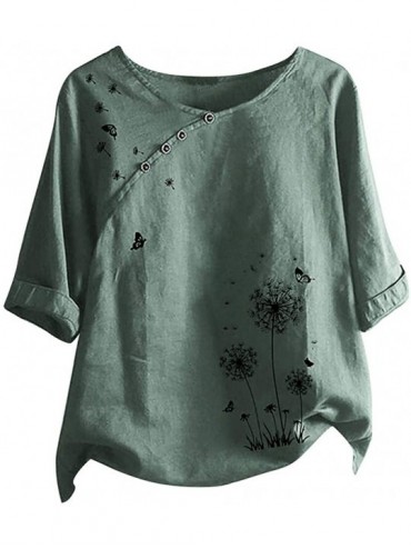 Bottoms Floral Print Shirt Womens Summer Fashion Bohemian Short Sleeve Linen O Neck Plus Size Loose Tank Tops Army Green B - ...
