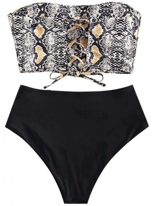 Sets Women Summer Sexy Snakeskin Printed Bandeau Tummy Control Tankini Swimsuit Bikini Beachwear Set - White - CL195G06MAQ $1...