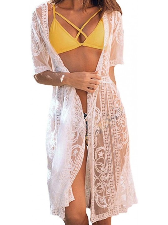Cover-Ups Women Sexy See-Through Maxi Lace Cardigan Sheer Bohemian Long Kimono Sarong Beach Bikini Cover up - C - C9197KS3X9C...
