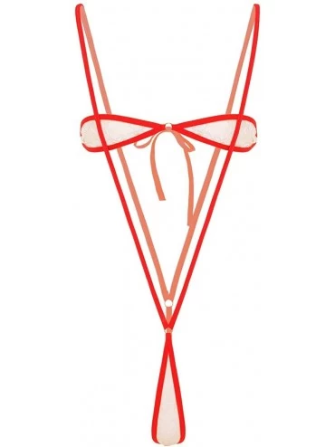 Sets Womens Lace Sheer Mini Mirco Bandeau Tops Suspender Bikini Thongs Swimwear Outfits - Red - C7190ZCGCCN $30.89