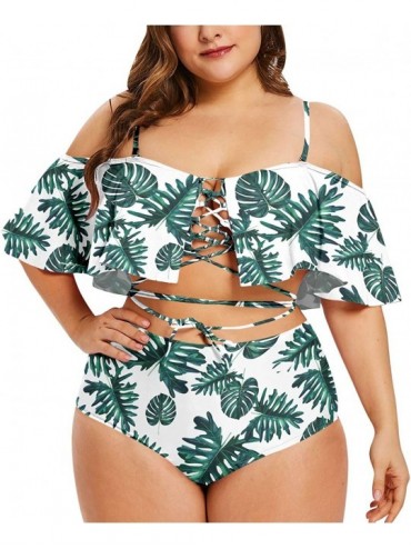 Sets Women's Plus Size Swimwear Two Piece High Waist Swimsuit Bathing Suits - Green Leaf Print - C518TUM3ULS $28.32