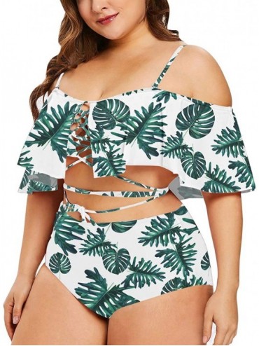 Sets Women's Plus Size Swimwear Two Piece High Waist Swimsuit Bathing Suits - Green Leaf Print - C518TUM3ULS $28.32