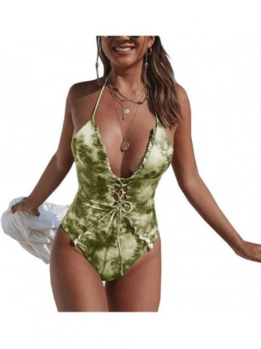 One-Pieces Womens Deep V Neck One Piece Swimsuit Tie Dye Print Halter Monokini Bathing Suits - Green - CG196H2YTEE $12.90