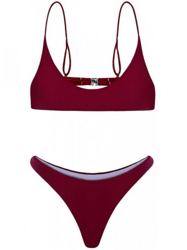 Sets Womens Two Piece Brazilian Thong Bikini Push up Padded Swimsuit Triangle Set - Wine Red - CX18WXWCDX3 $8.82