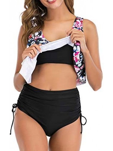 Racing High Waisted Bikini Swimsuits for Women Retro Ruffled Flounce Swimwear Two Piece Tankini Bathing Suits Pink Flower - C...