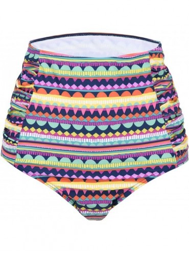 Bottoms Women's Vintage High Waisted Bikini Bottom Shirred Tankini Briefs - Wave Print - CW186RCXU9W $24.31