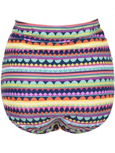 Bottoms Women's Vintage High Waisted Bikini Bottom Shirred Tankini Briefs - Wave Print - CW186RCXU9W $14.84