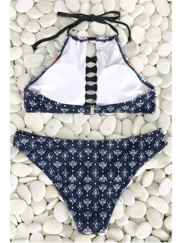 Sets Women's Black Lace Up Halter Padding Bikini Set - Blue - CE189SERYUR $31.27