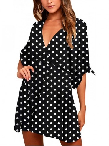 Cover-Ups Women's Deep V Neck Short Sleeve Beach Dress Loose Casual Summer Mini Dresses - Black and White - C019C2MSLAN $54.40