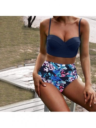 Racing Women's High Waist Bikini Swimwear Women's Vintage Print Beachwear Bikini Set Swimwear - Blue - CY18T4QHUIK $18.63