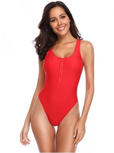 One-Pieces Women's Zipper Front Low Back High Cut One Piece Swimsuit Bathing Suit - Rose Red - C118M79M03H $39.20