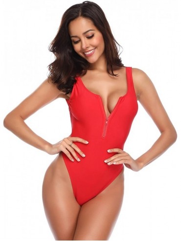 One-Pieces Women's Zipper Front Low Back High Cut One Piece Swimsuit Bathing Suit - Rose Red - C118M79M03H $25.78