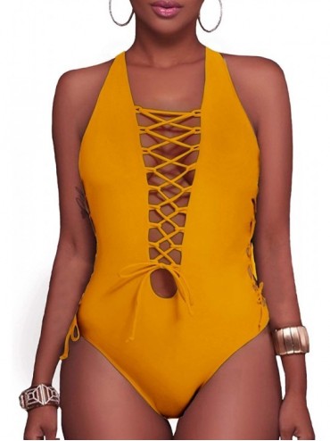 One-Pieces Women Sexy One Piece Swimsuit Lace up Monokini Plunge Backless Criss Cross Bathing Suit Swimwear - Yellow - CL18OX...
