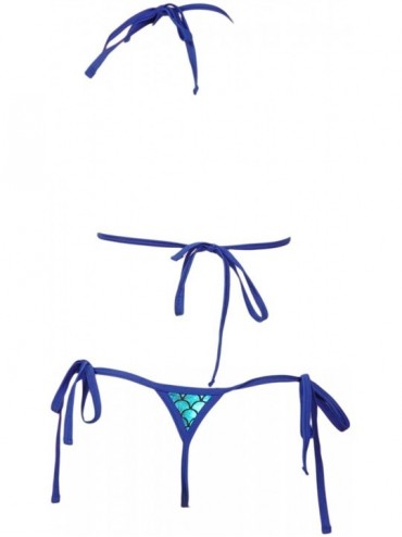 Tankinis Micro Bikini w/Cut Out Top and Scrunchy Front Tie Side G-String Panty (Iridescent Scale Sexy Bikini) - Blue - CA18DA...