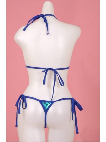 Tankinis Micro Bikini w/Cut Out Top and Scrunchy Front Tie Side G-String Panty (Iridescent Scale Sexy Bikini) - Blue - CA18DA...