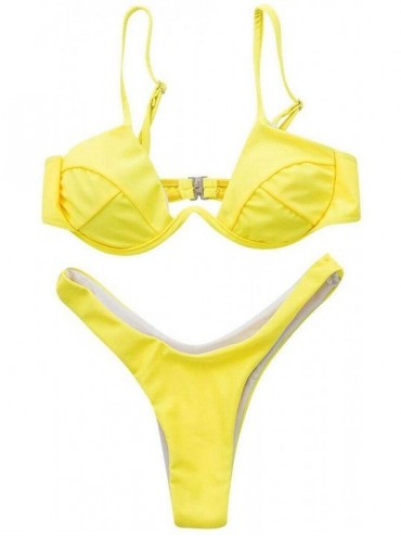 Sets 2pcs Bikini Women Push-up Padded Bra Set Bandage Swimsuit Triangle Swimwear Solid Bathing Suit Beachwear - Yellow - CN19...